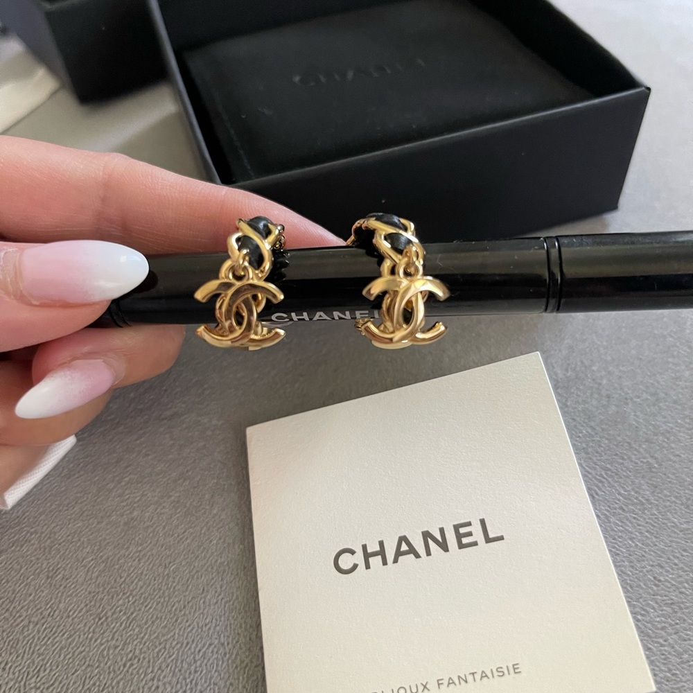 CHANEL Gold and Black Stud Earrings with Iconic CC Logo